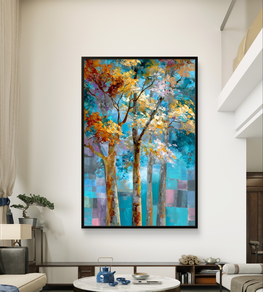 תמונת קנבס עם עצים אמנותיים בגווני תכלת, טורקיז וזהב, בעיצוב מודרני ומרגיע לבית