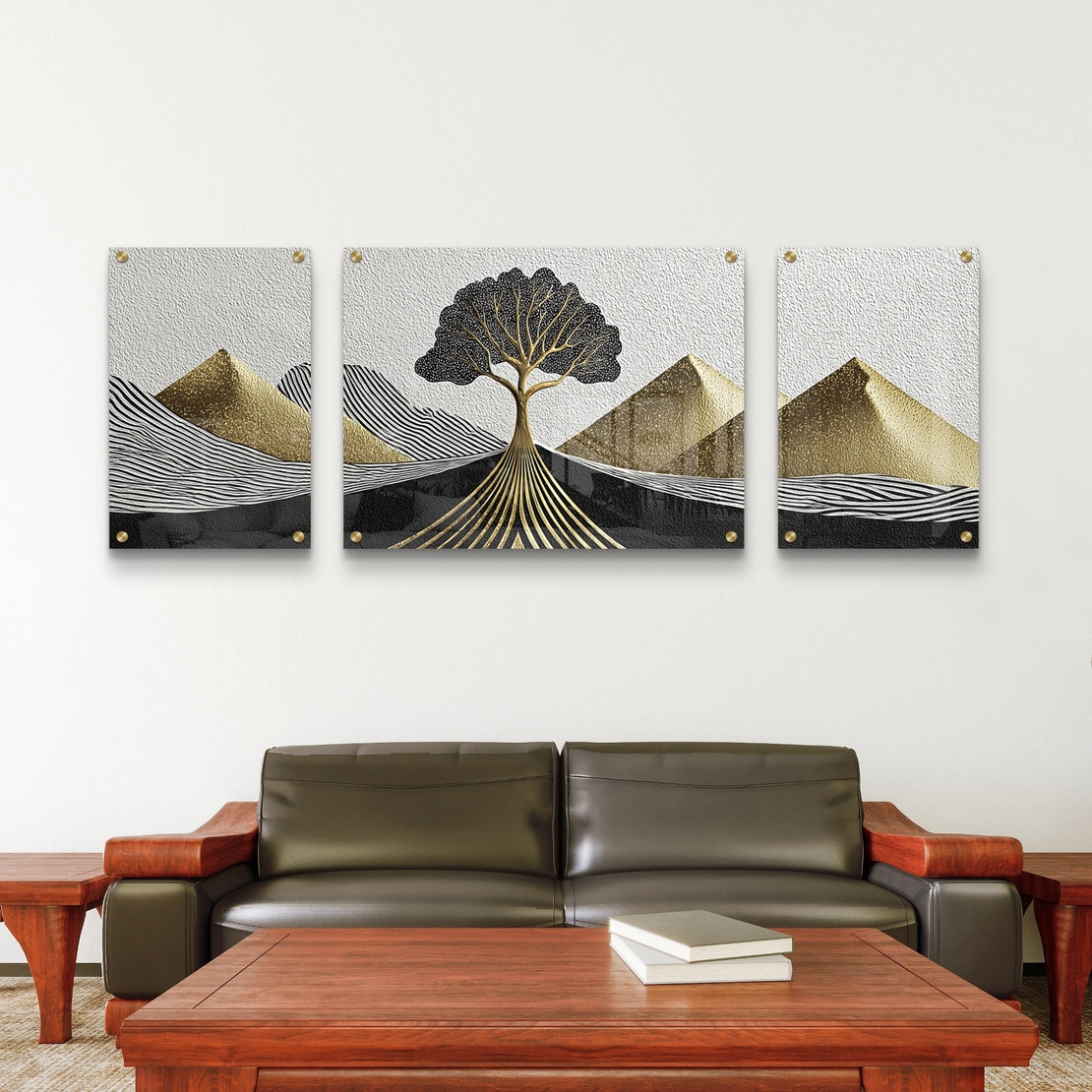 תמונת זכוכית מחולקת טריפטיכון עם עץ מוזהב ופסגות זהב על רקע קווים שחורים – תכשיט לבית