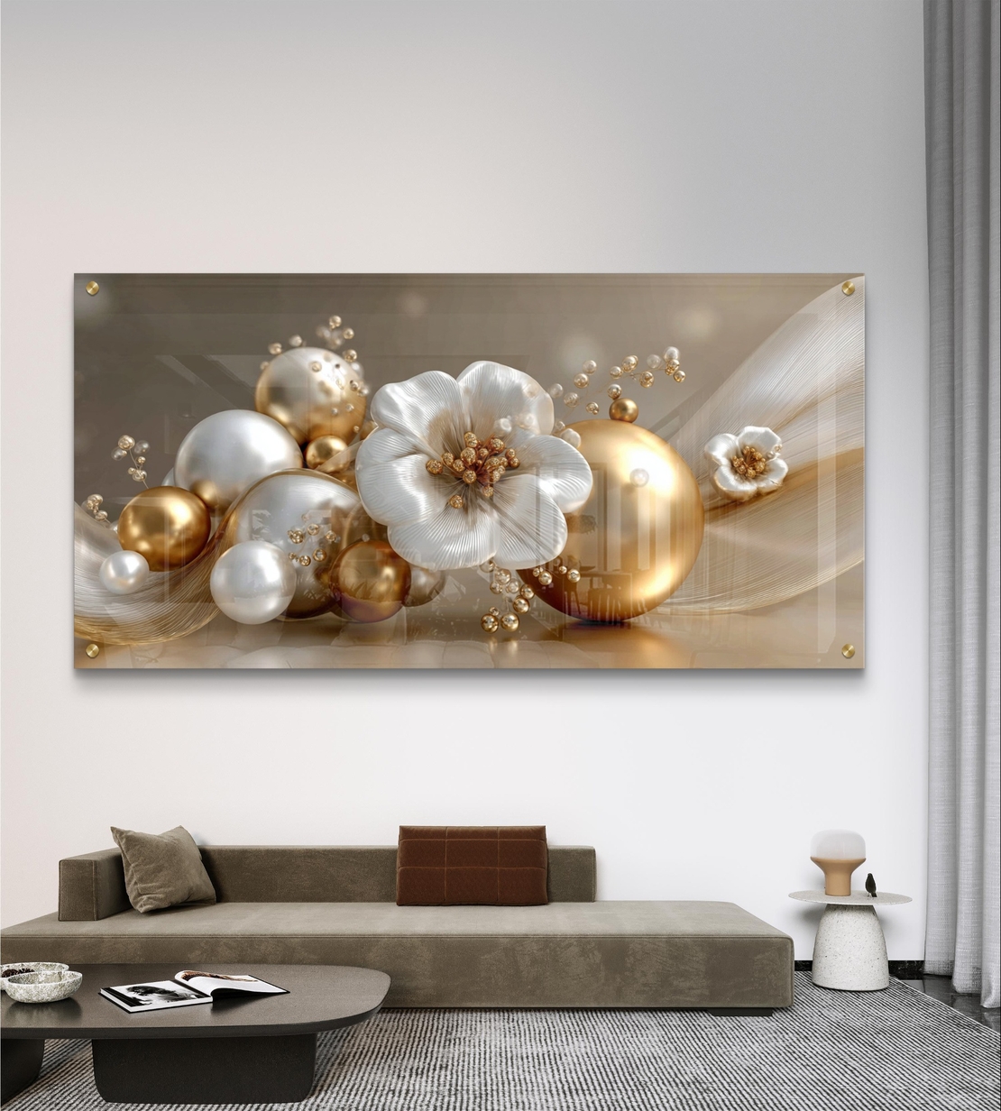 פרחי פנינה וזהב על זכוכית – תמונת זכוכית אלגנטית בגווני שמנת וזהב | GX4173