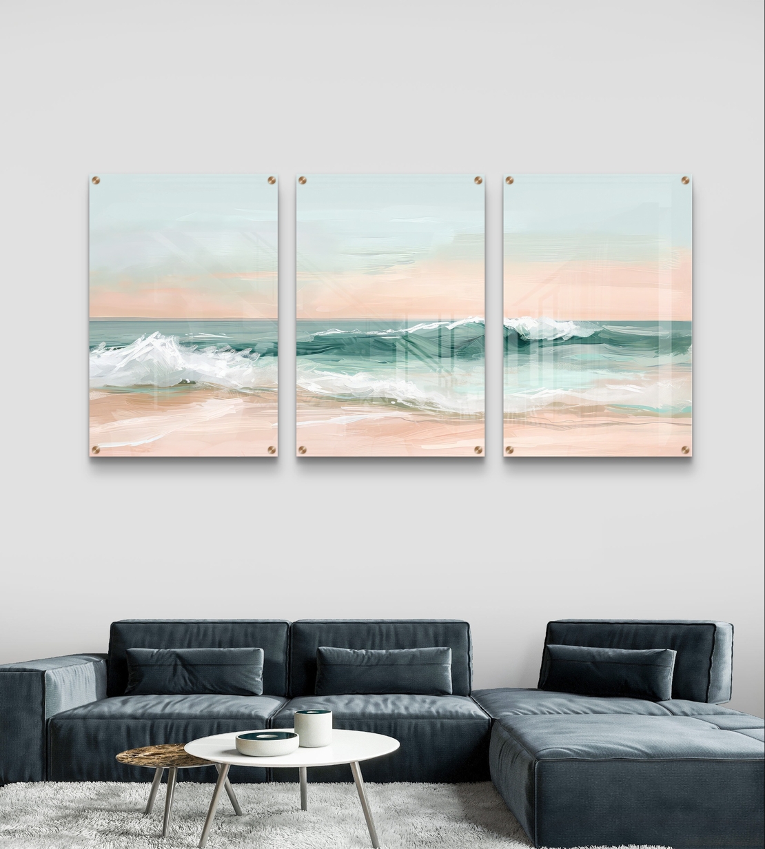 שלשת תמונות זכוכית חוף פסטלי בגווני טורקיז, שמנת ואפרסק – דגם GG5471