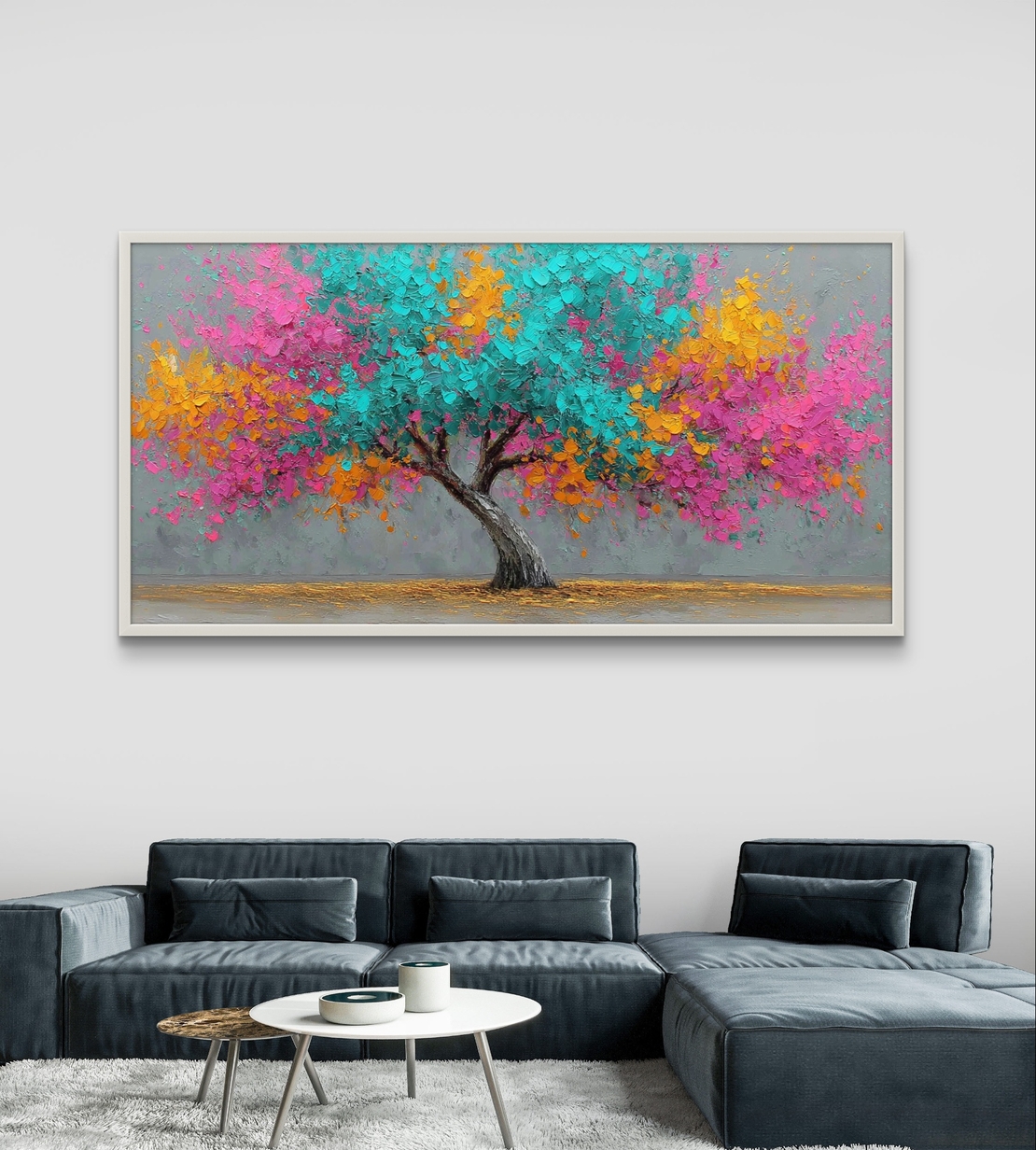 תמונת קנבס לרוחב של עץ צבעוני בגווני טורקיז, ורוד וכתום בעיצוב אומנותי מלא חיים