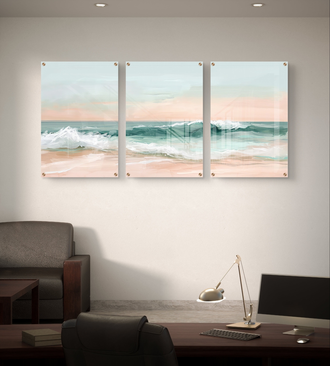 שלשת תמונות זכוכית חוף פסטלי בגווני טורקיז, שמנת ואפרסק – דגם GG5471