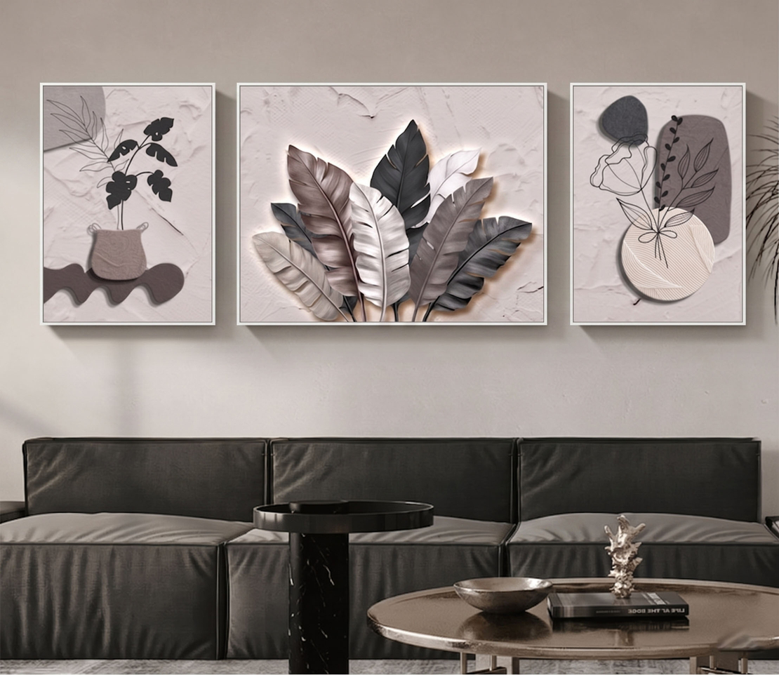 שלישיית קנבס בוטנית מינימליסטית בגווני אבן, אפור וטאופ – דגם RR3312