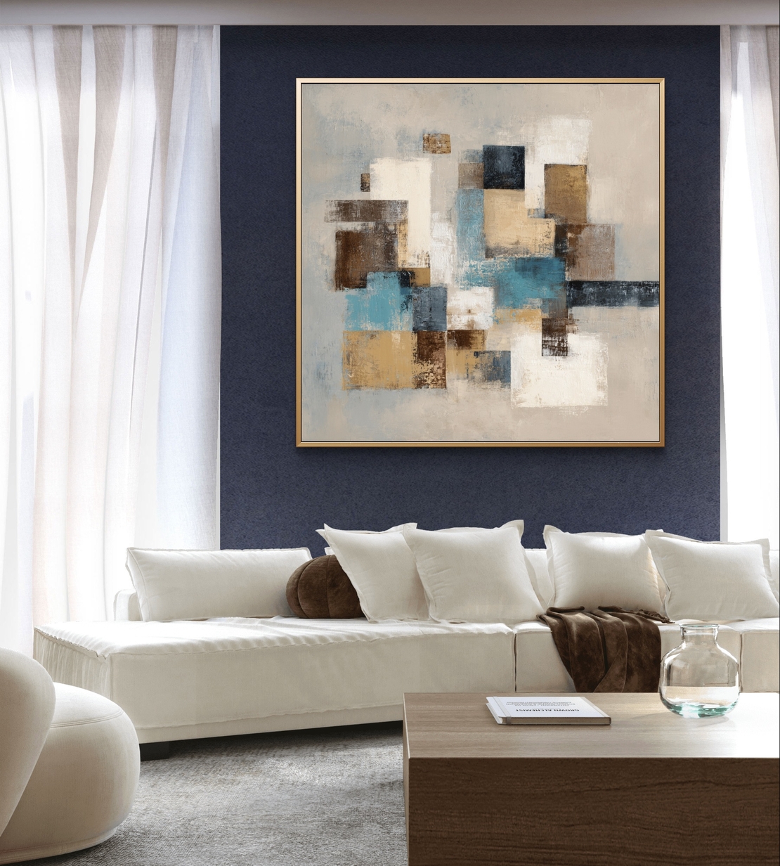 תמונת קנבס אבסטרקט גיאומטרי עם בלוקים בבז׳, שמנת, תכלת וכחול על רקע בהיר