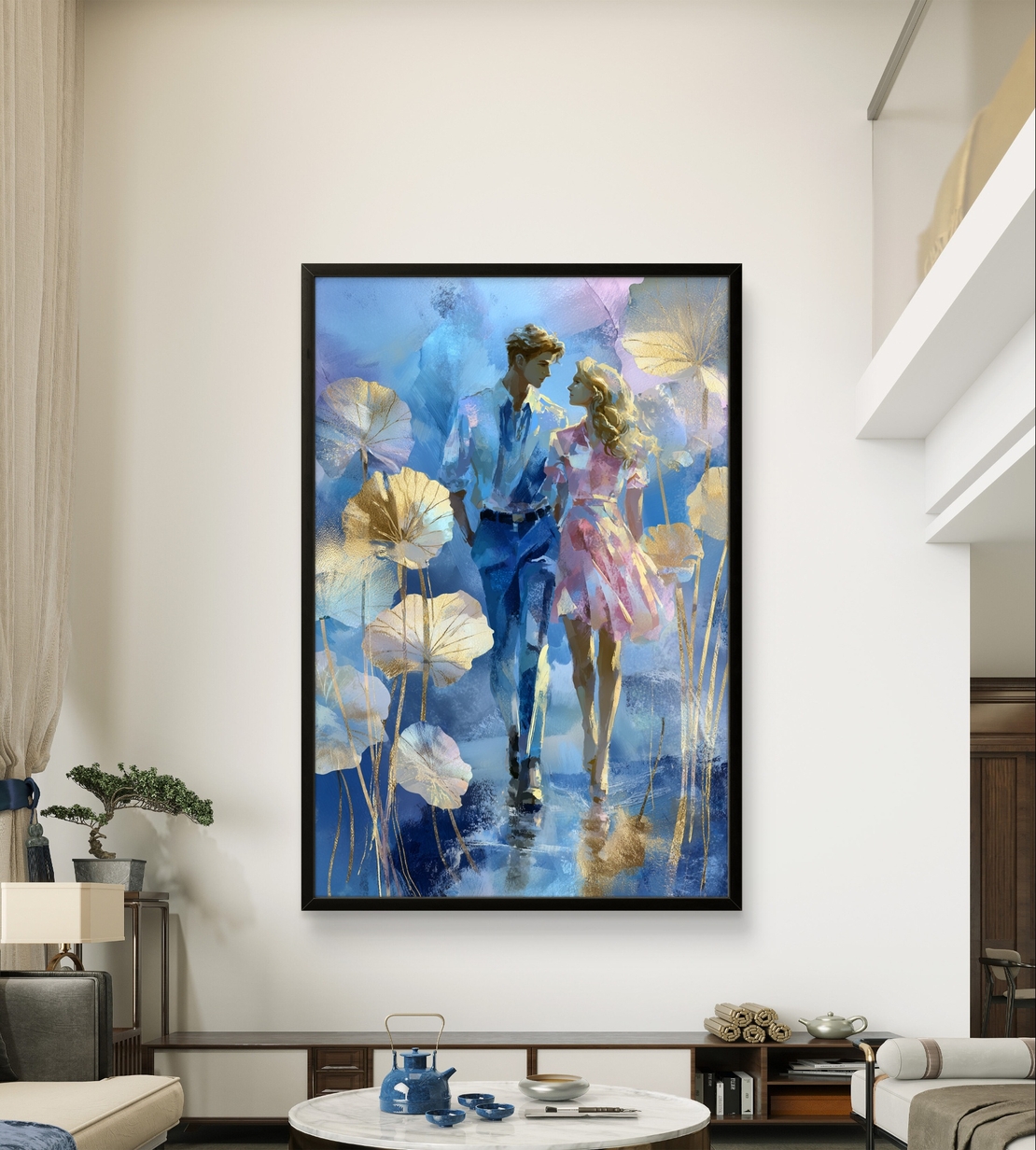 הליכה רומנטית בכחול – תמונת קנבס זוגית בגווני כחול, ורוד וזהב | CY1215