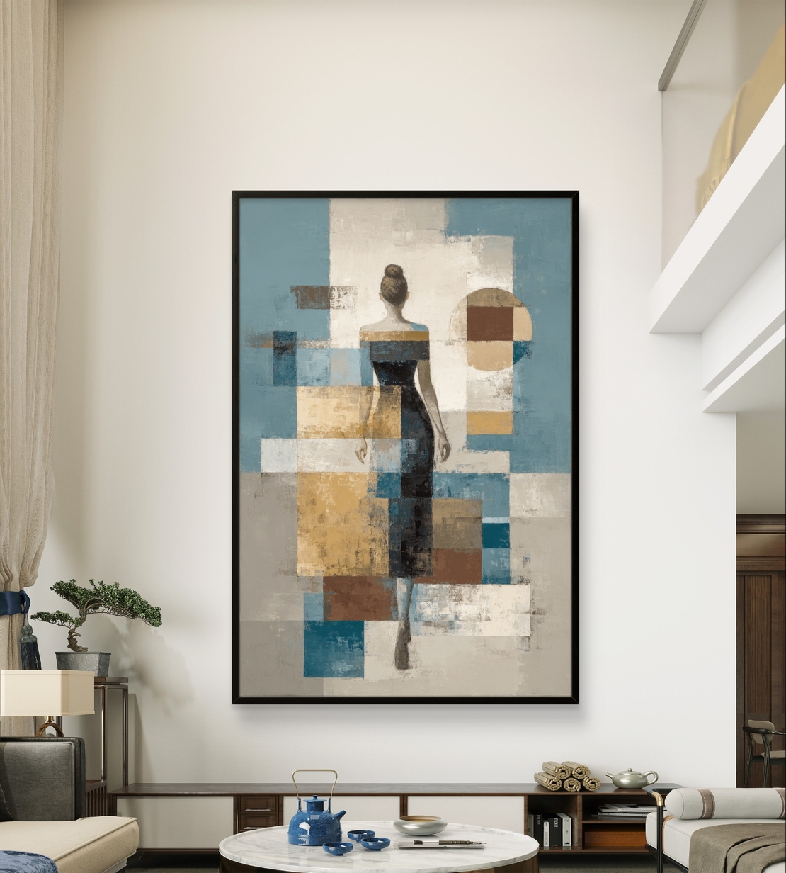 תמונת קנבס של דמות נשית מאחור בסגנון אבסטרקט גאומטרי בגוונים רגועים