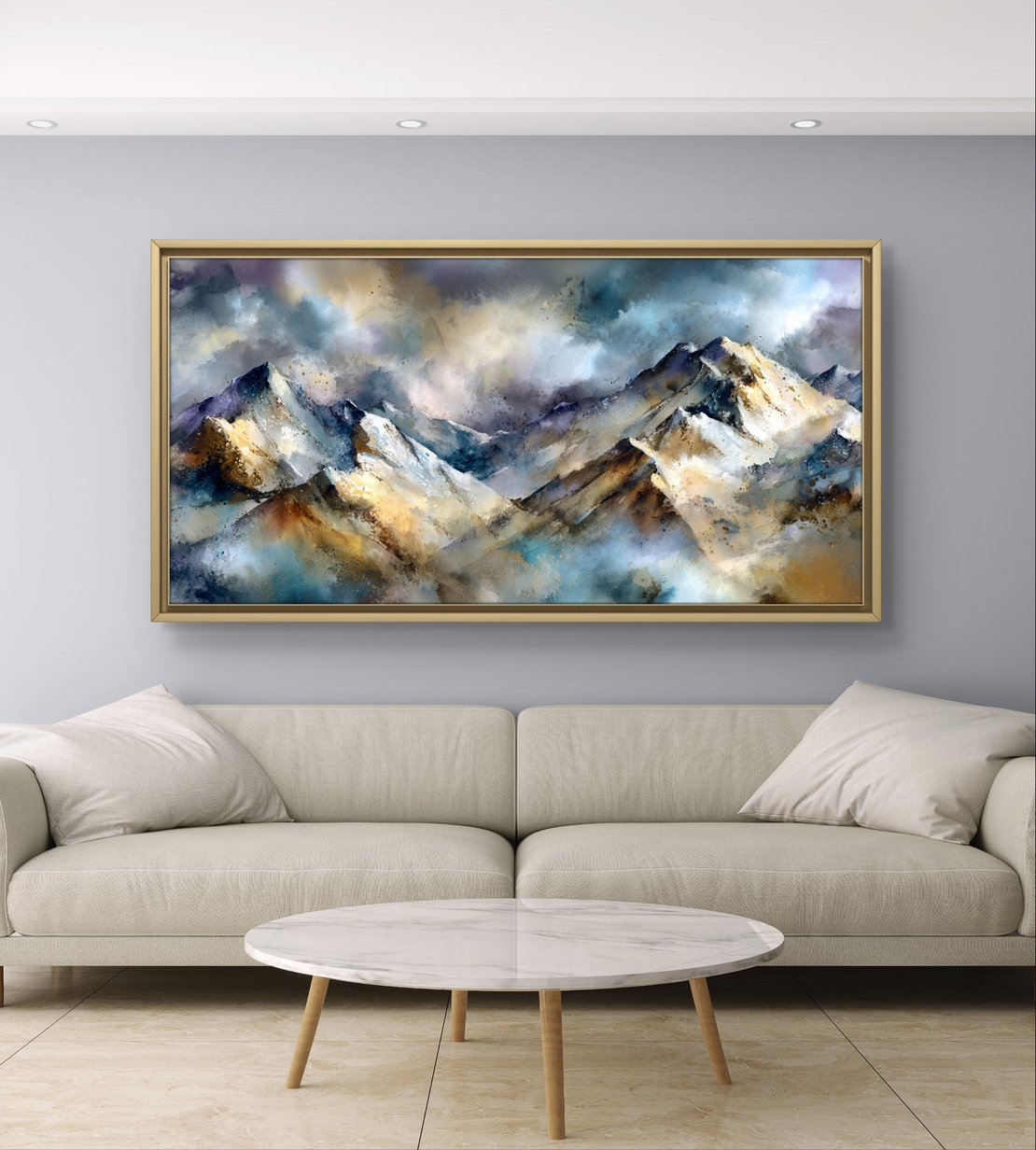 תמונת קנבס נוף הרים אמנותי בגווני כחול זהב ואפור – תכשיט לבית
