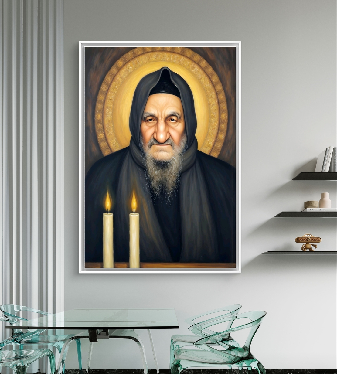 תמונת קנבס אומנותית של הבבא סאלי עם הילה זהובה ושתי נרות דולקים, מסמלת קדושה, ברכה ואור רוחני, מתאימה לבתים יהודיים, בתי כנסת ולמקומות של השראה ואמונה.