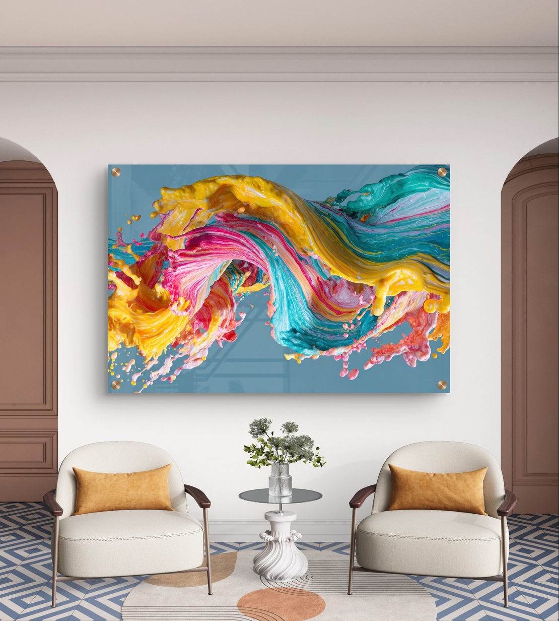 תמונת זכוכית אבסטרקטית עם גל צבעים דינמי בגווני טורקיז, צהוב וורוד בעיצוב מודרני