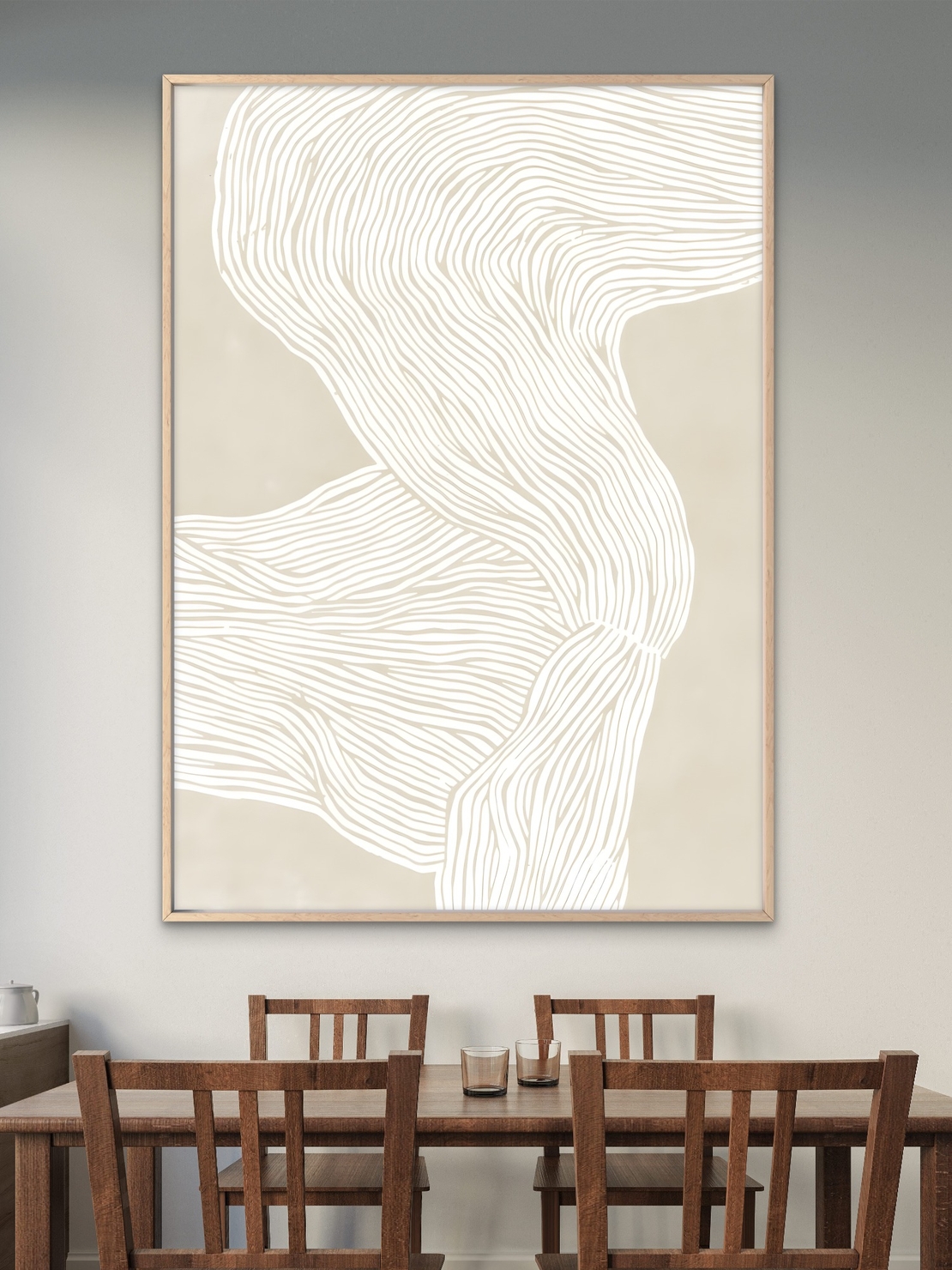 תמונת קנבס מודרנית בגווני שמנת עם קווים לבנים זורמים בעיצוב מינימליסטי מתוך קולקציית NEXTGEN BY BAR מבית תכשיט לבית.