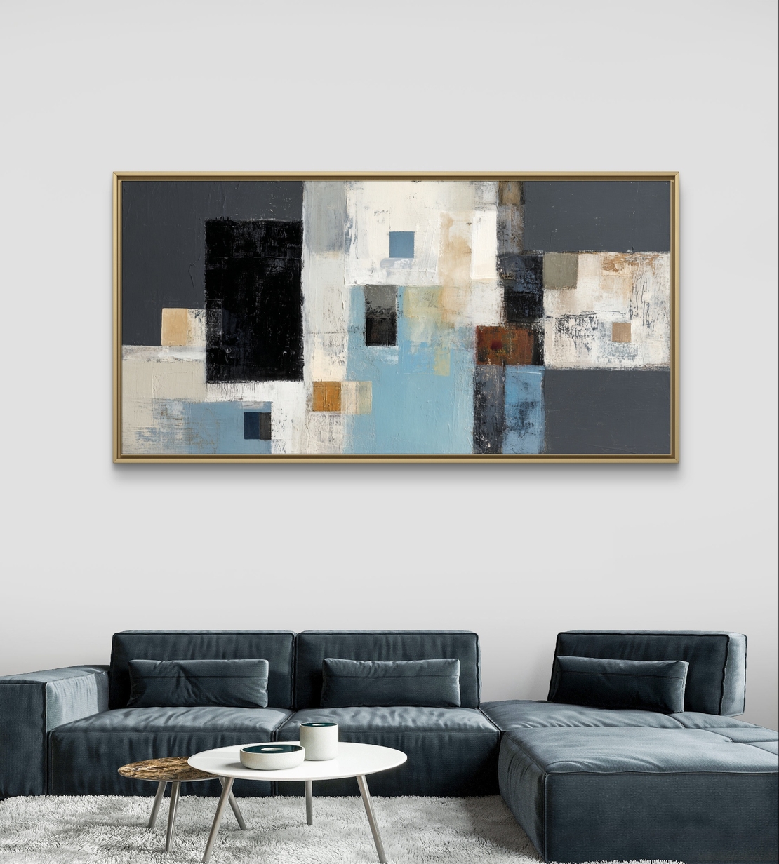 תמונת קנבס לרוחב בסגנון אבסטרקטי מודרני בגווני תכלת, אפור ובז’ בעיצוב נקי ויוקרתי לסלון