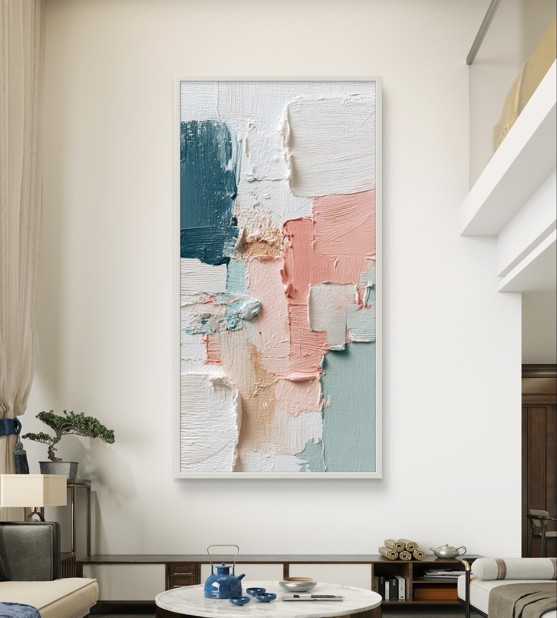 תמונה לאורך בעיצוב פסטלי מינימליסטי לקיר גבוה.