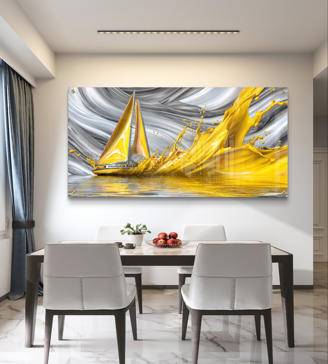 תמונת זכוכית לרוחב עם סירה ומפרש זהוב בתנועה דרמטית על רקע גלים אפורים