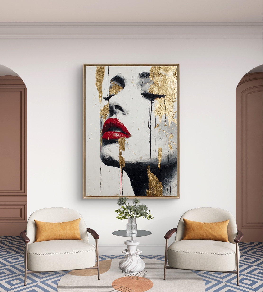 תמונת קנבס עם דיוקן נשי אבסטרקטי בגווני שחור ולבן, שפתיים אדומות ונגיעות זהב בעיצוב יוקרתי ודרמטי