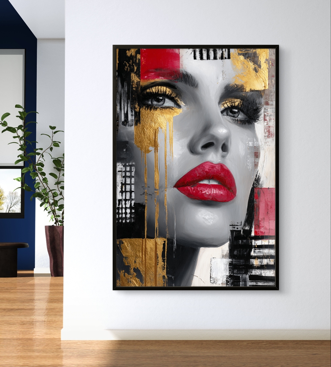 תמונת קנבס פורטרט אישה שחור לבן עם שפתיים אדומות ונגיעות זהב
