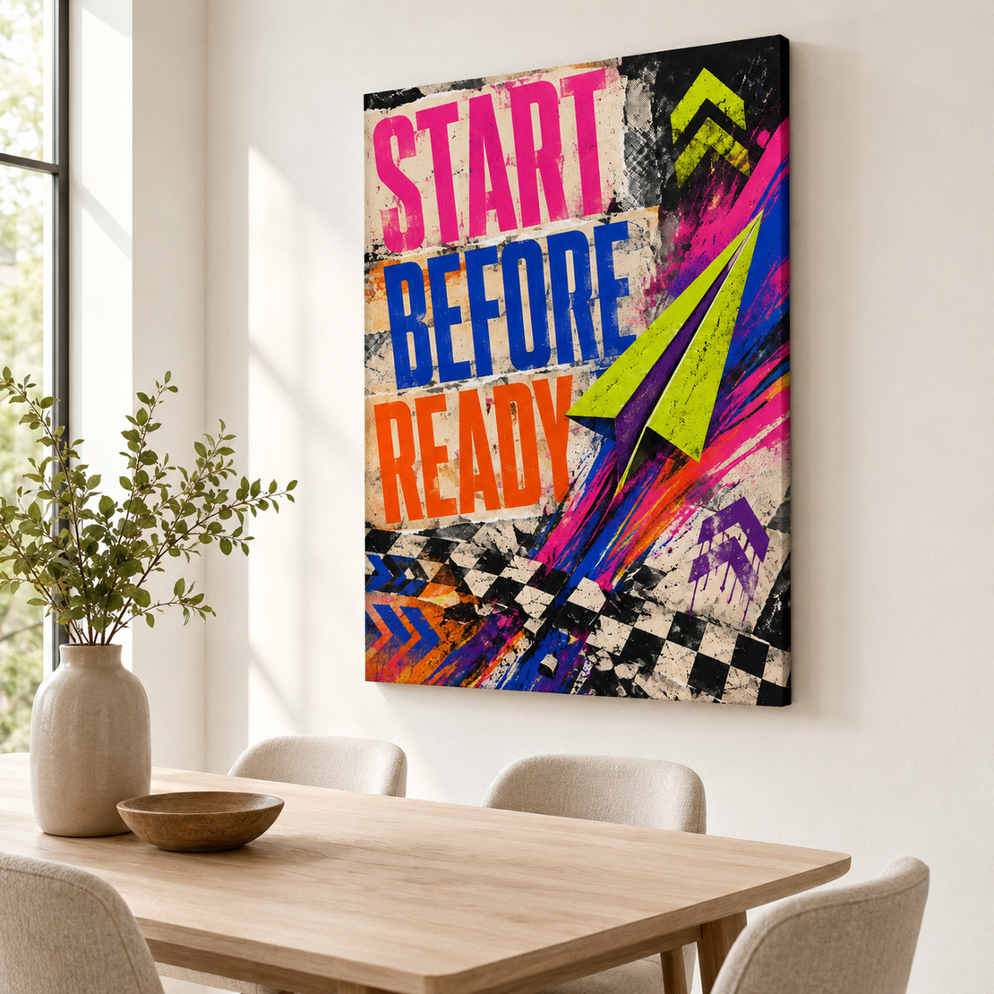 תמונת קנבס מוטיבציה START BEFORE READY עם מטוס נייר | דגם MT395