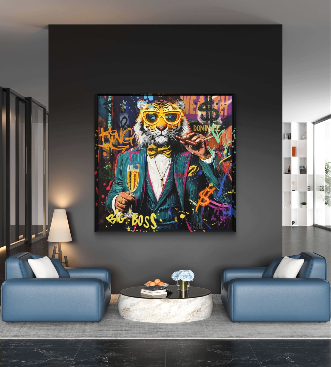 תמונת טייגר BIG BOSS מוארת עם שלט רחוק וסוללות – אמנות LED - מידות 83*83 ס