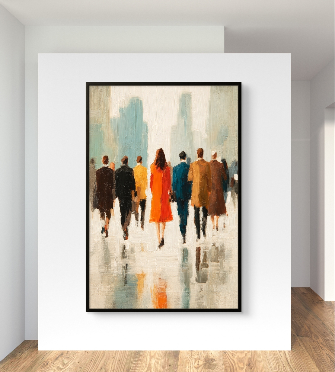 ציור קנבס אורבני בסגנון מודרני עם אנשים בתנועה והשתקפות רכה