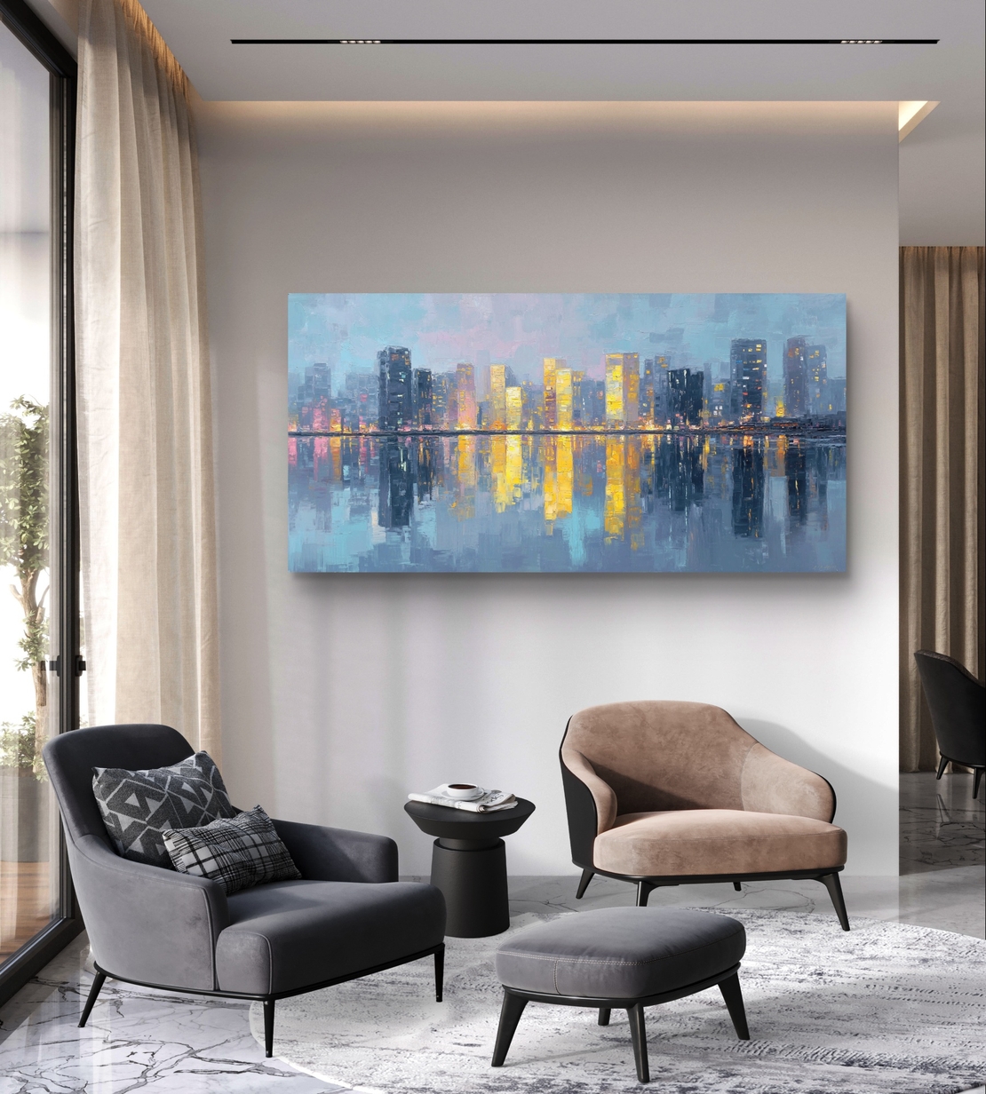 תמונת קנבס של קו רקיע עירוני בגווני כחול וזהב עם השתקפות במים