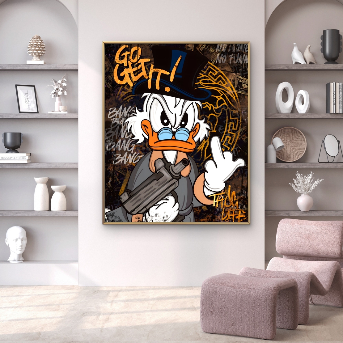 תמונת קנבס בסגנון סטריט-ארט עם דונלד דאק במראה נועז וצבעים עזים מתוך קולקציית תכשיט לבית.