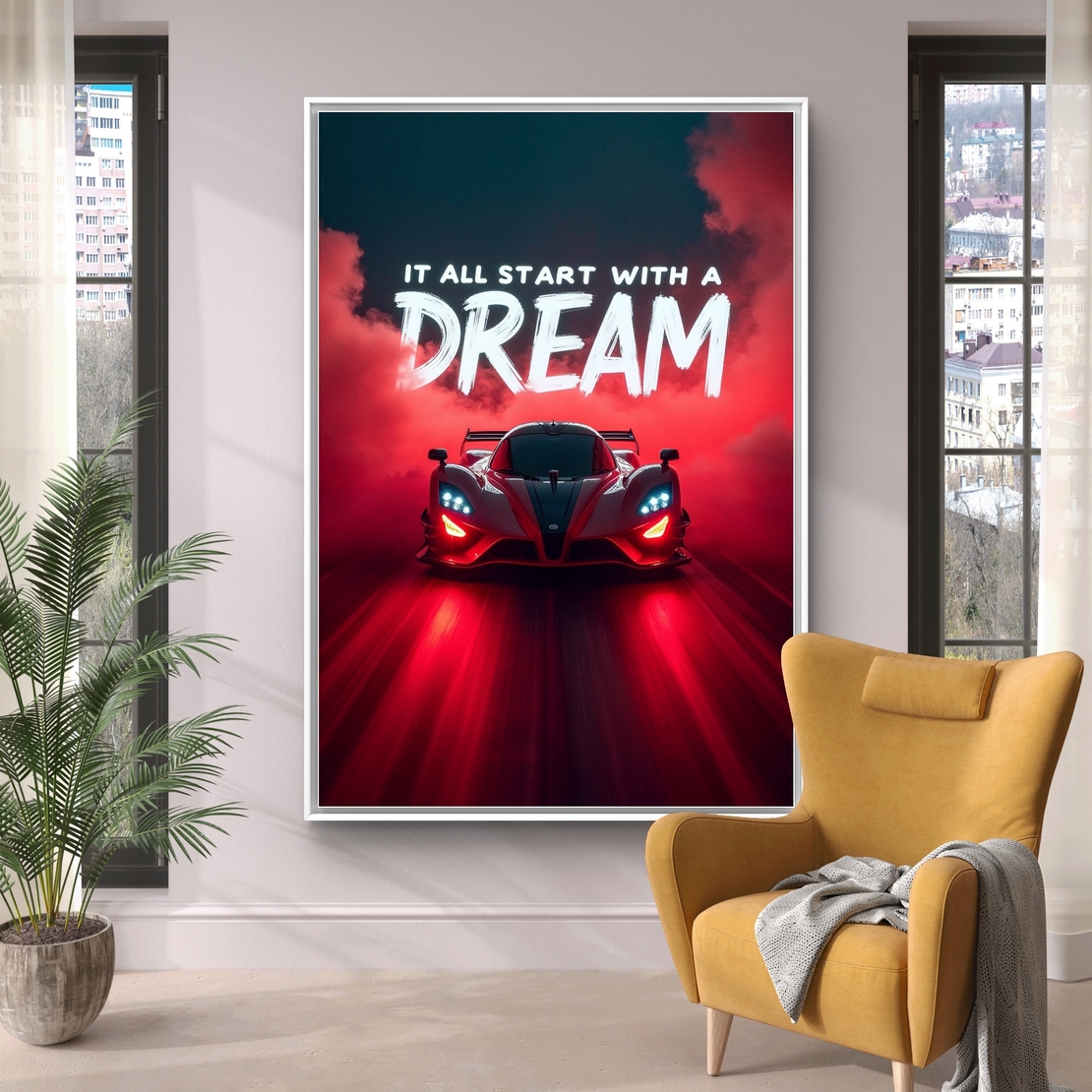 תמונת קנבס לאורך עם רכב אדום וכיתוב “It all start with a dream”, עיצוב מודרני ואיכותי מבית תכשיט לבית.