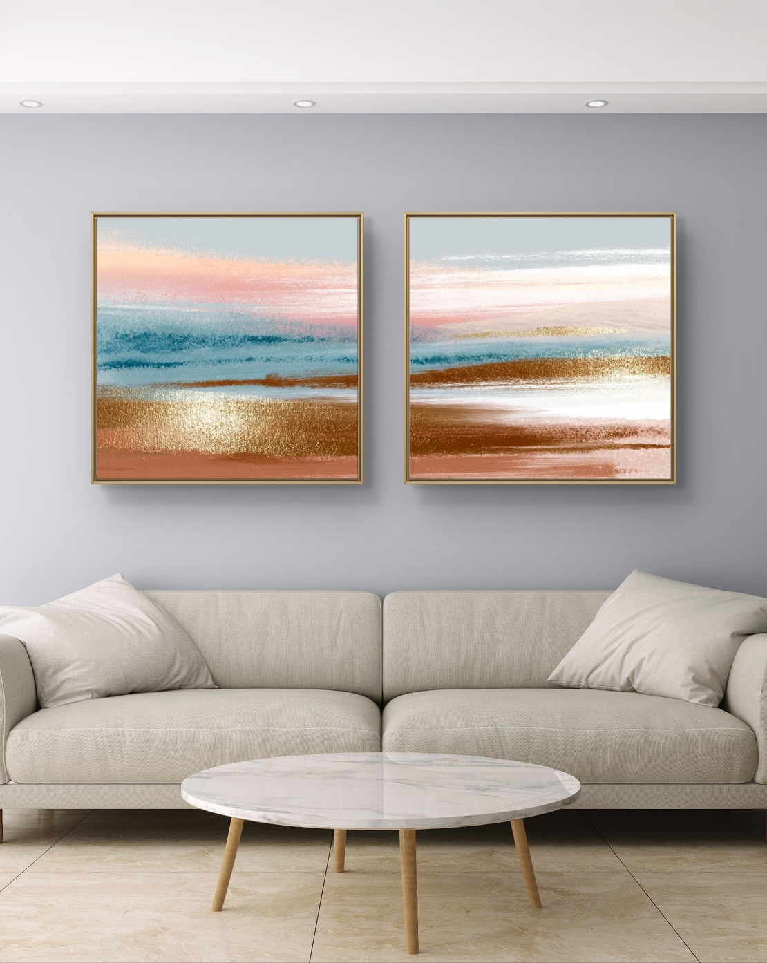 זוג תמונות קנבס מרובעות בגווני פסטל עדינים המדמים שקיעה רגועה – תכשיט לבית
