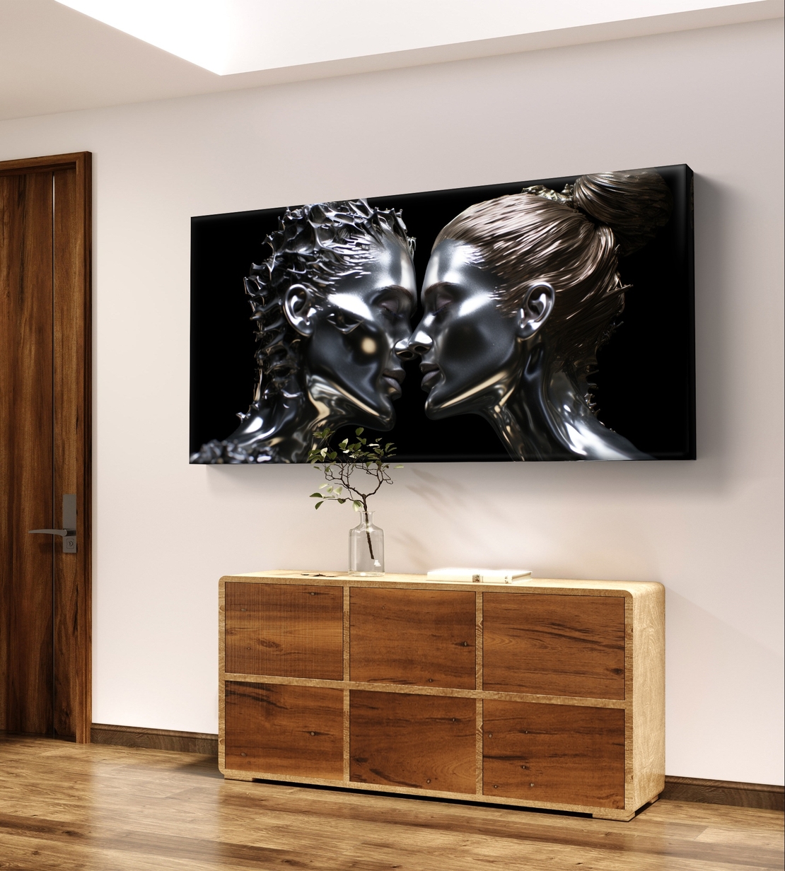 תמונת קנבס לרוחב עם זוג דיוקנאות עתידניים בגווני שחור וכסף, מראה מתכתי דרמטי ועיצוב מודרני יוקרתי