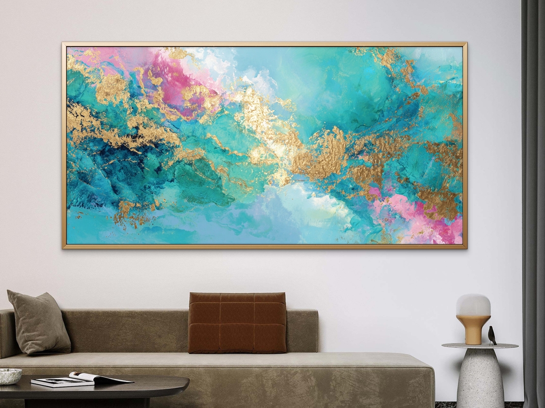 תמונת קנבס רחבה בגווני טורקיז ורוד עם נגיעות זהב – עיצוב מודרני
