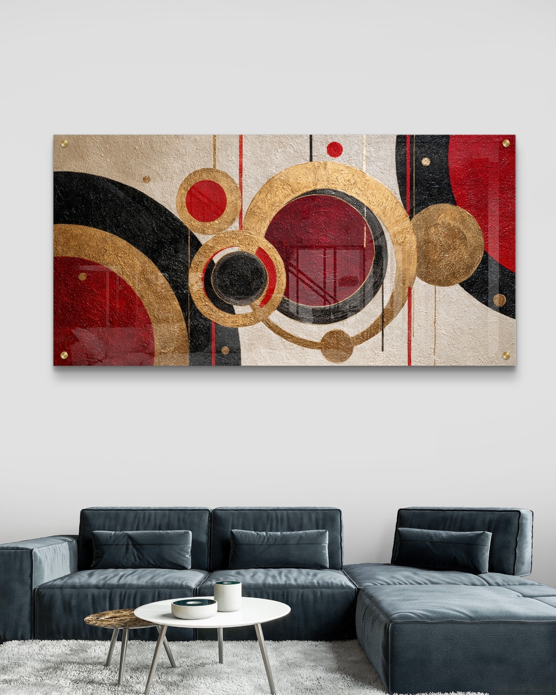 תמונת זכוכית לרוחב בעיצוב גאומטרי עם מעגלים בגווני זהב, אדום ושחור – תכשיט לבית