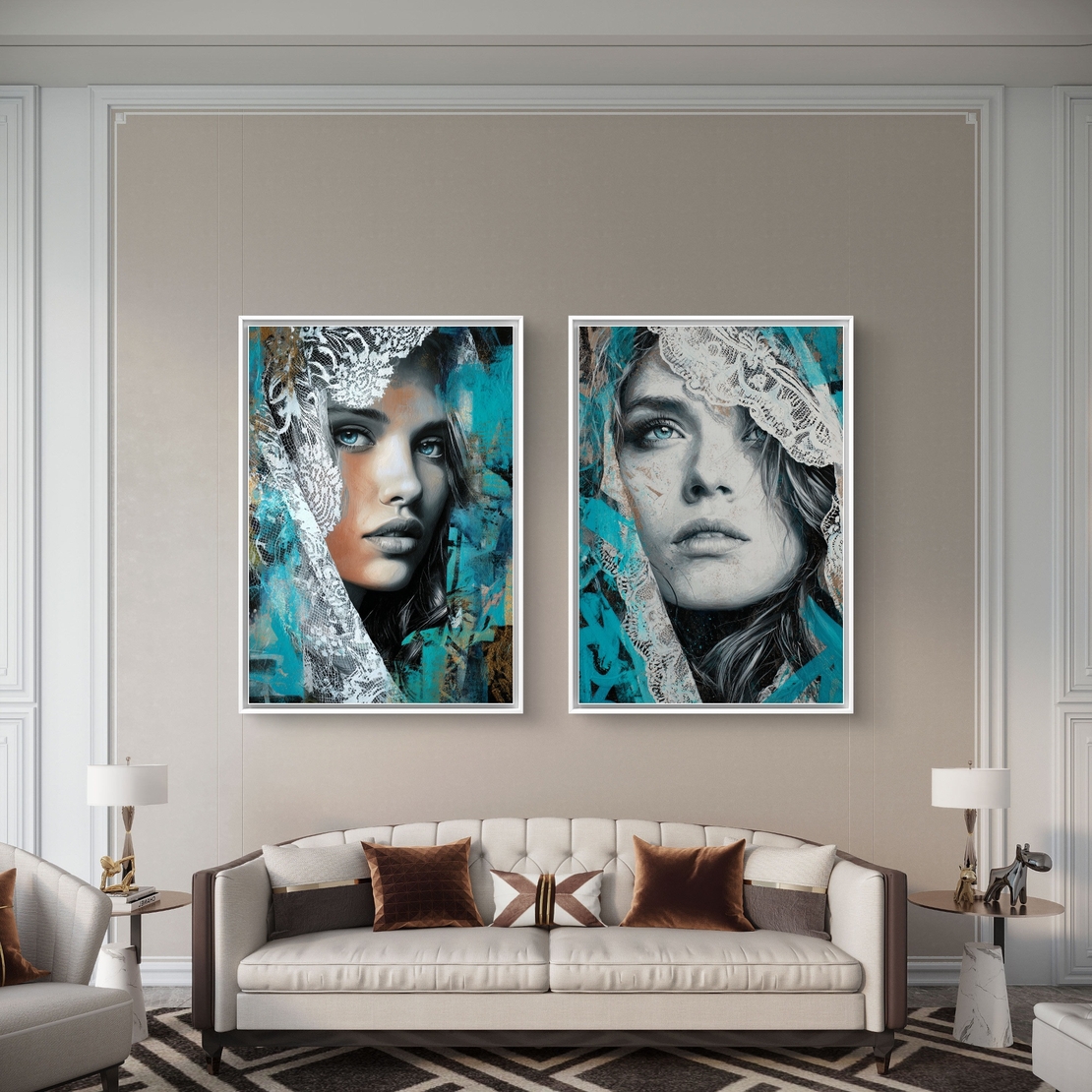 תמונת קנבס זוגית עם דיוקנאות נשיים אמנותיים בגווני טורקיז ושחור עם נגיעות תחרה