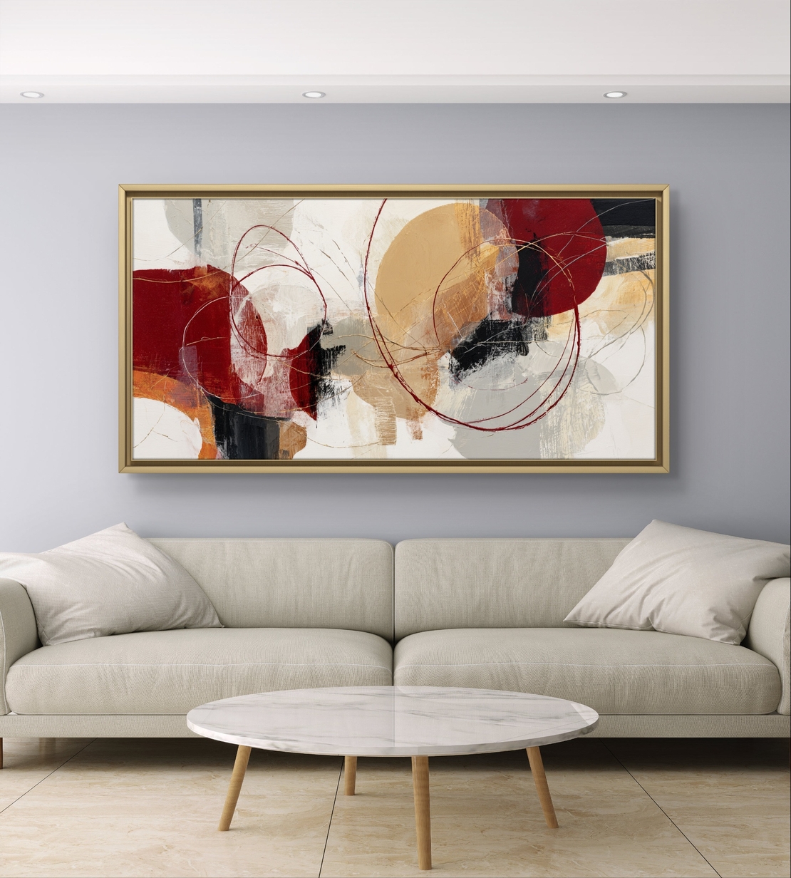 תמונת קנבס לרוחב בסגנון אבסטרקט עם מעגלים וקווים עדינים בגוונים חמים של אדום, בז’ וחרדל, לעיצוב סלון מודרני