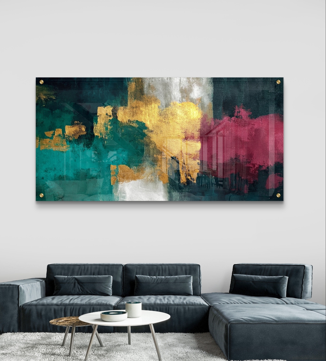 תמונת זכוכית אבסטרקטית לרוחב בגווני ירוק, כחול וזהב בעיצוב מודרני ויוקרתי לסלון