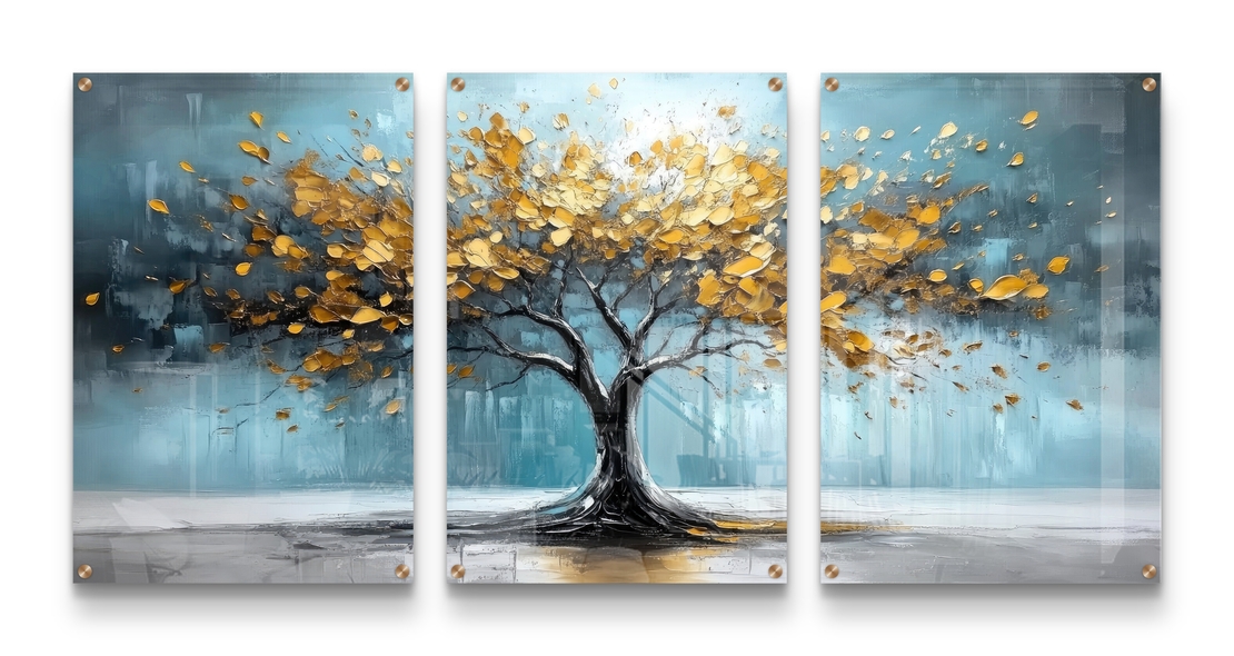 תמונת זכוכית שלישייה עם עץ זהוב על רקע כחול טורקיז בעיצוב מודרני