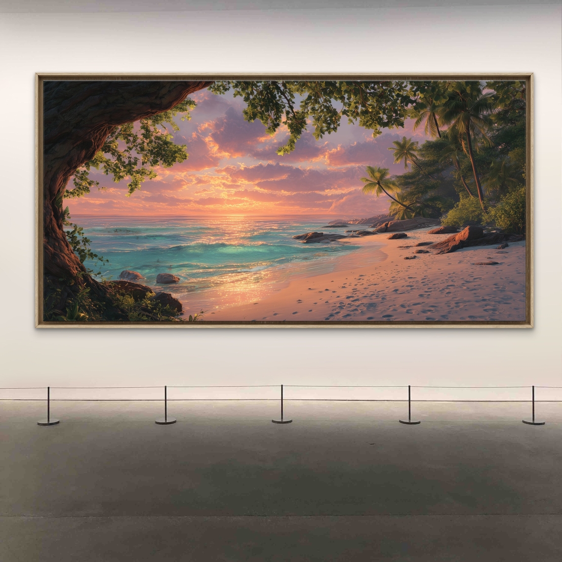 תמונת קנבס לרוחב של חוף טרופי בשקיעה עם עצי קוקוס, גלים וצבעי זהב וטורקיז – NEXTGEN BY BAR