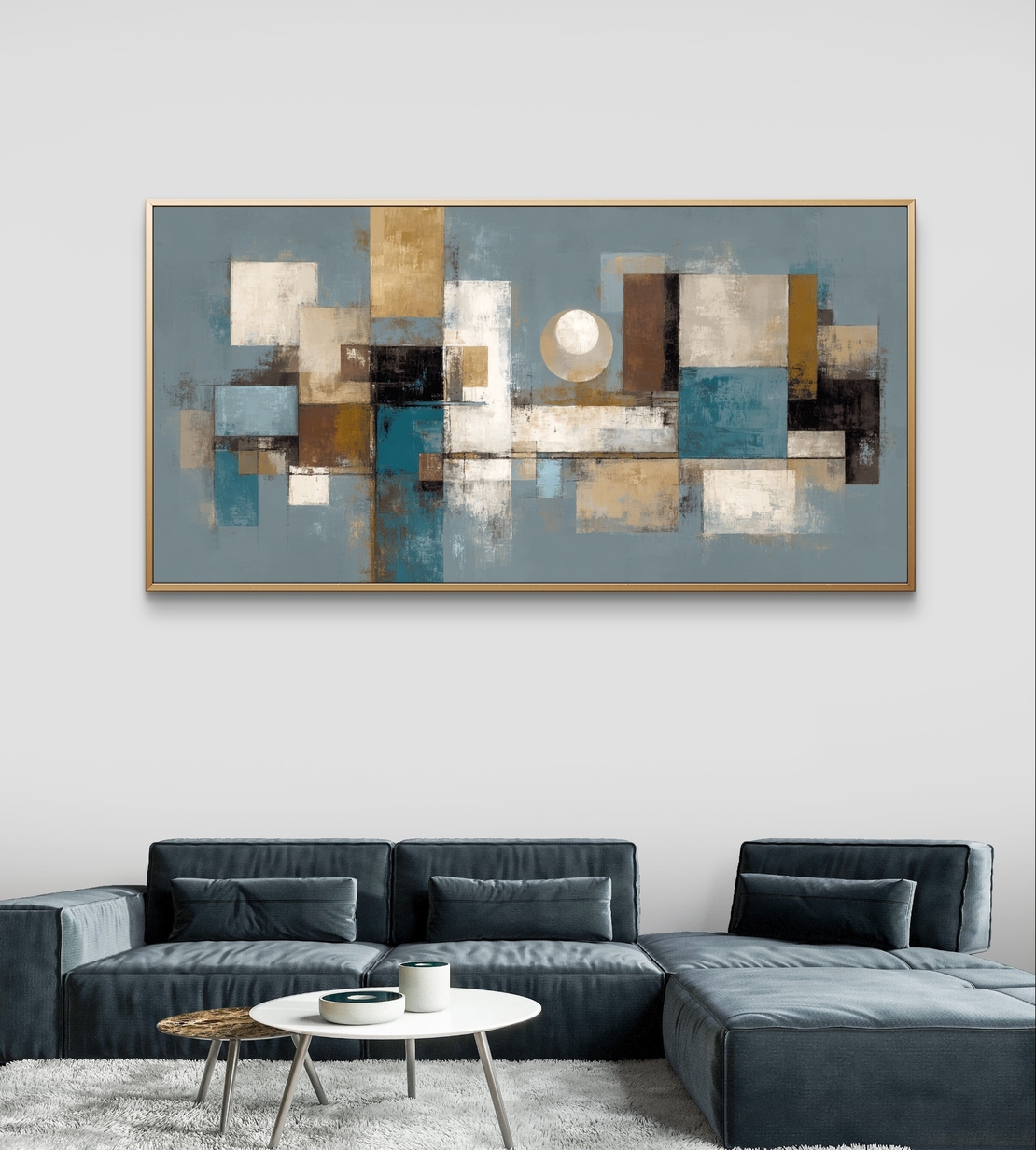 תמונת קנבס לרוחב בסגנון אבסטרקט גאומטרי בגווני כחול ובז’ לעיצוב הבית