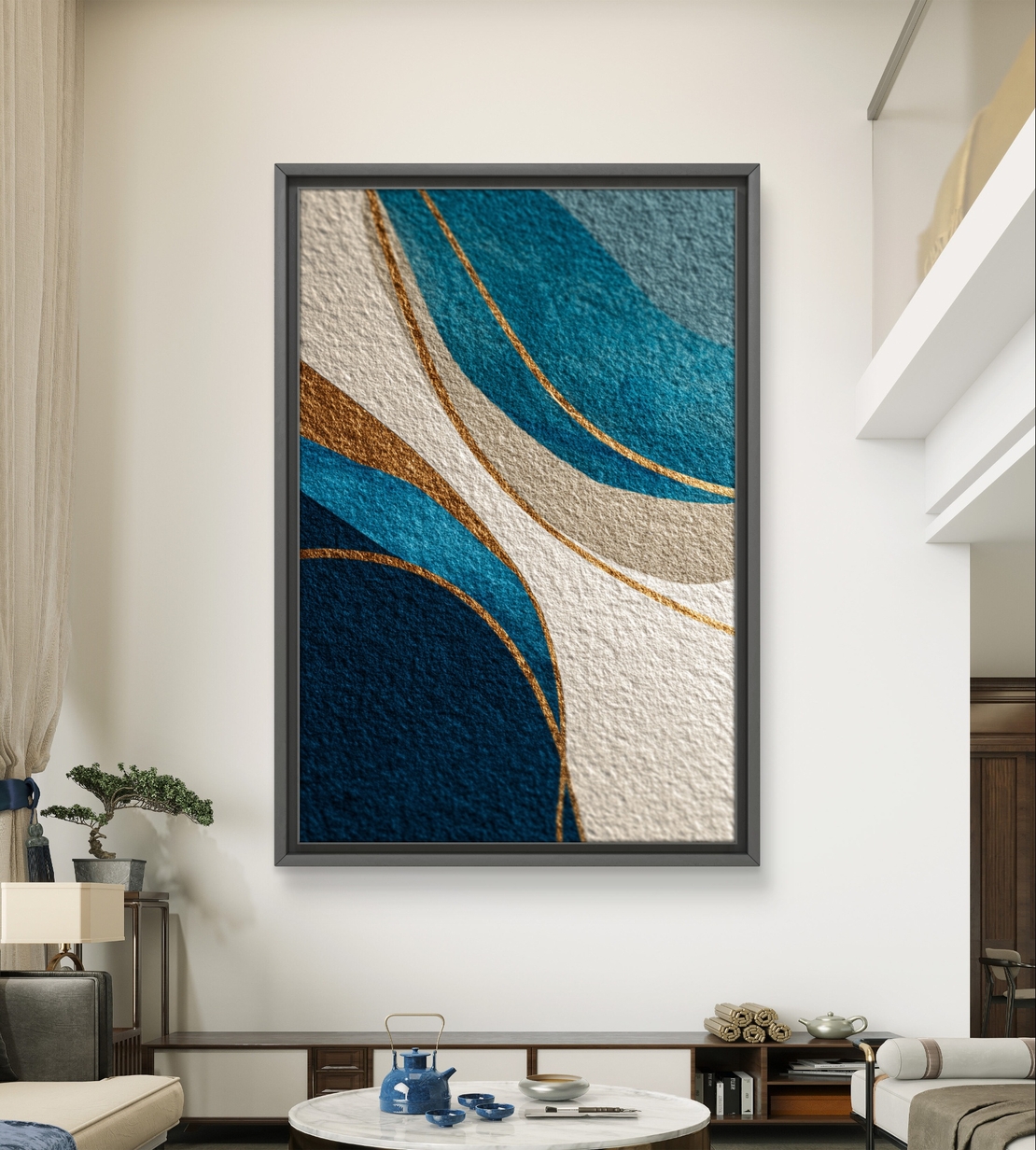תמונת קנבס מופשטת בגווני כחול וזהב עם קווים זורמים והדפסה חלקה