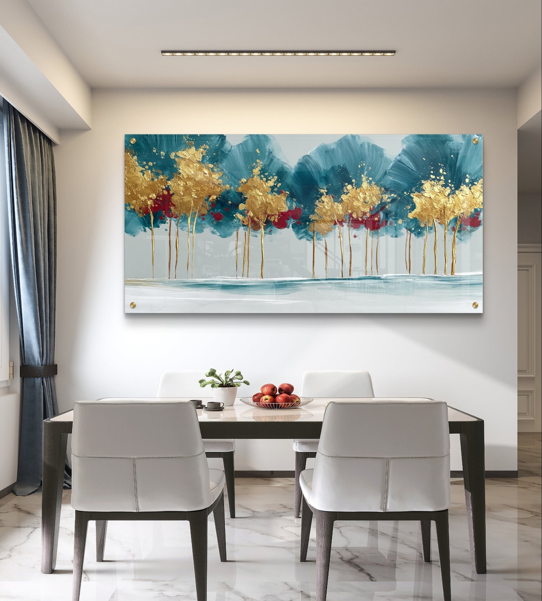 תמונת זכוכית לרוחב עם עצים אבסטרקטיים בגווני טורקיז וזהב, בהדפסה חלקה למראה יוקרתי ומודרני לפינת אוכל או סלון.
