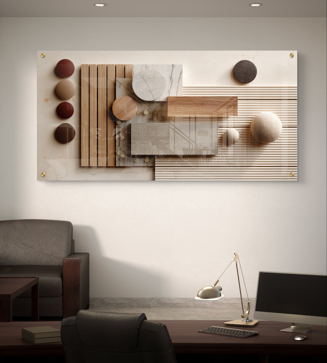 תמונת זכוכית לרוחב בעיצוב אבסטרקטי גאומטרי עם טקסטורות המדמות עץ ואבן בגווני בז׳ וחום, בהדפסה חלקה לעיצוב קיר מודרני ויוקרתי.