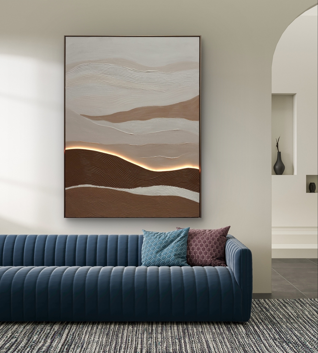 תמונת LED עבודת יד נוף אבסטרקטי בגווני שמנת וחום – מופעלת על סוללות עם שלט רחוק מידה 123*83 ס