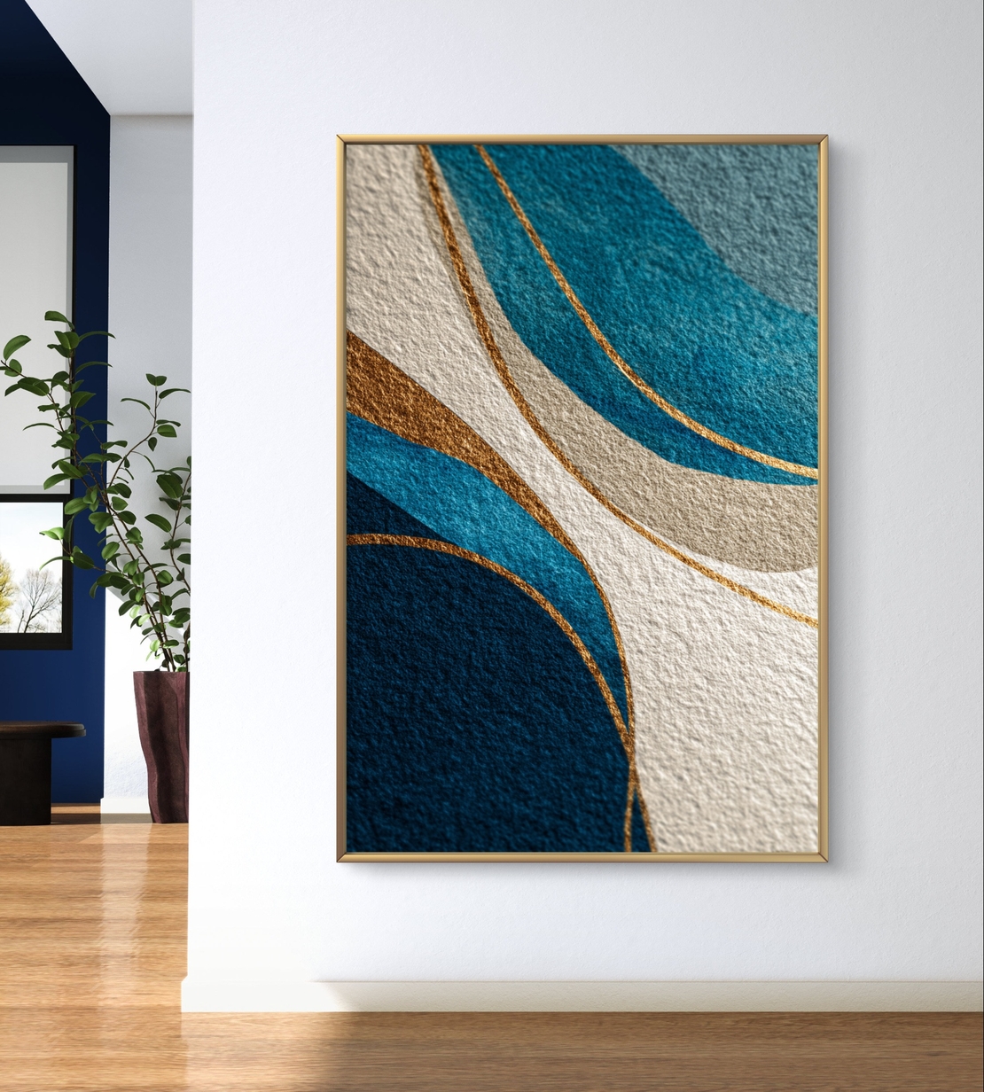 תמונת קנבס מופשטת בגווני כחול וזהב עם קווים זורמים והדפסה חלקה