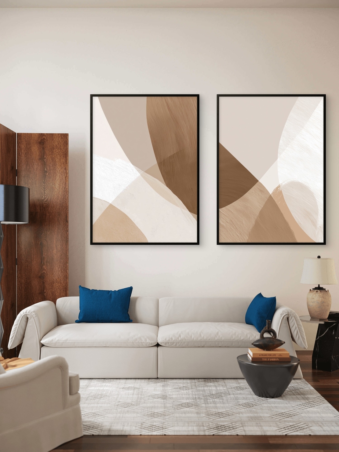 זוג תמונות קנבס בגווני בז׳, חום וקרם, בעיצוב מופשט עם קווים רכים והרמוניים, הדפסה חלקה ואיכותית מבית תכשיט לבית – NEXTGEN BY BAR.