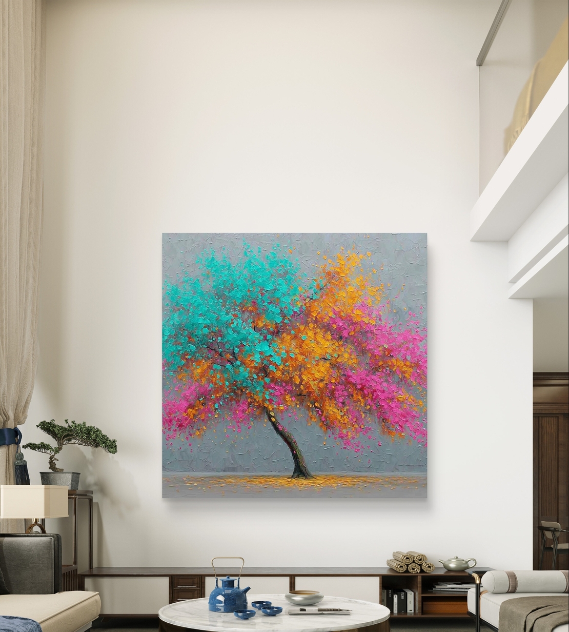 תמונת קנבס מרובעת של עץ אמנותי בצבעי טורקיז, כתום וורוד על רקע אפור מודרני