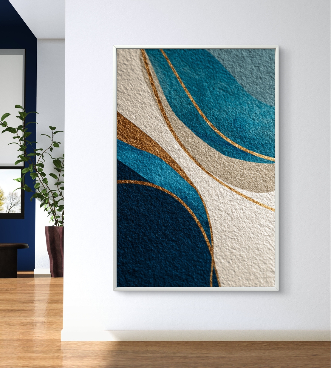תמונת קנבס מופשטת בגווני כחול וזהב עם קווים זורמים והדפסה חלקה