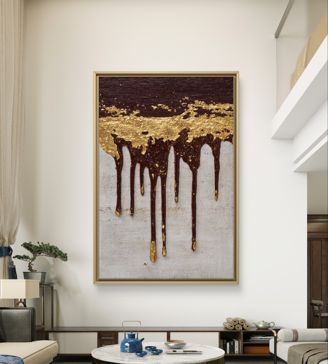 תמונת קנבס מופשטת בגווני זהב ויין כהה עם אפקט טיפות בהדפסה חלקה ללא תבליט – תכשיט לבית