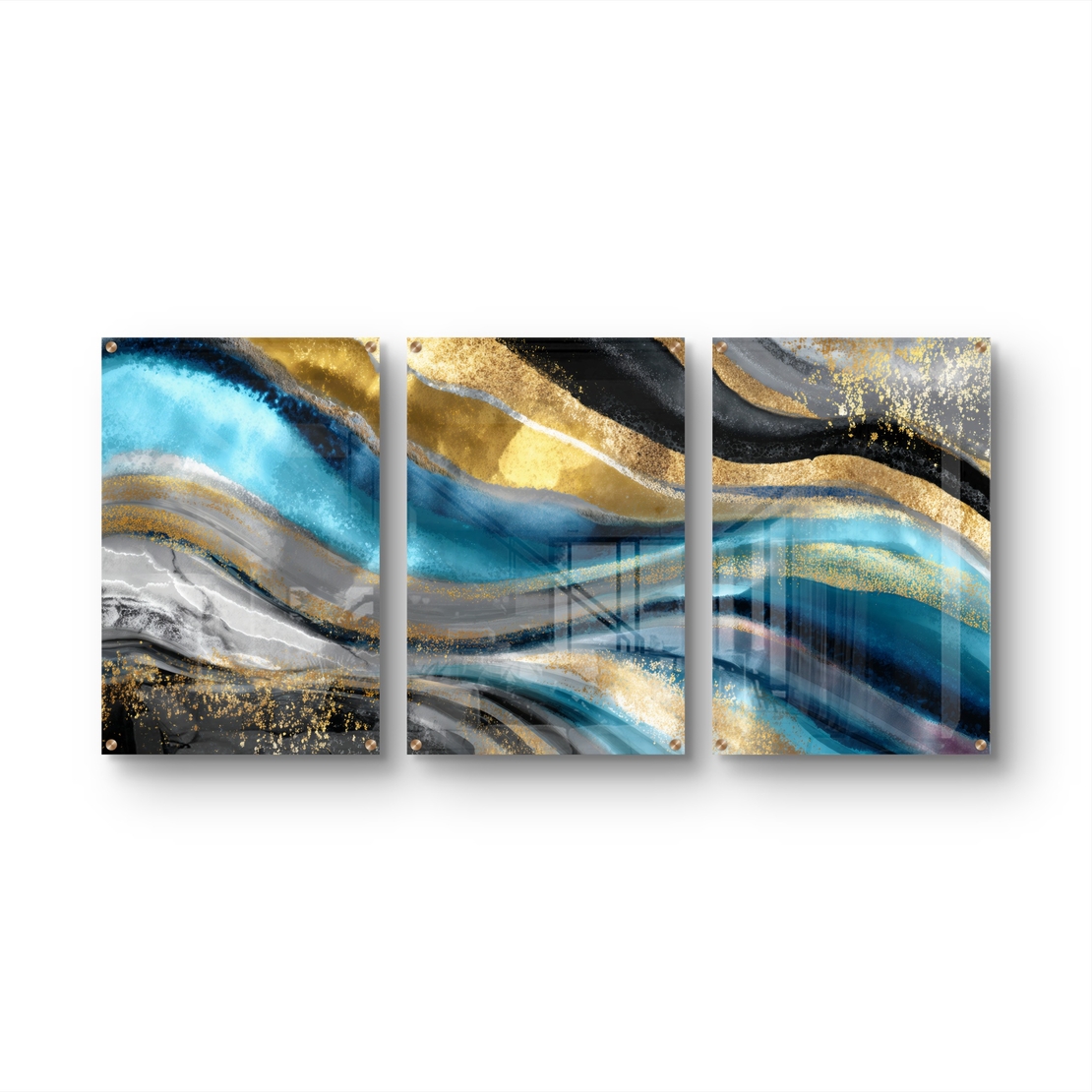 תמונת זכוכית מחולקת לשלושה חלקים בגווני טורקיז, שחור וזהב בעיצוב אבסטרקטי מודרני תלויה מעל שולחן אוכל לבן.