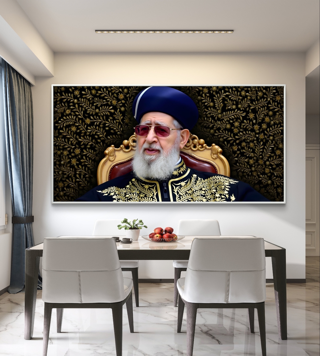תמונת קנבס אומנותית המציגה את הרב עובדיה יוסף יושב על כסא מפואר, מוקף ברקע מעוטר בגווני זהב ושחור, בלבוש מסורתי מעוטר זהב.
