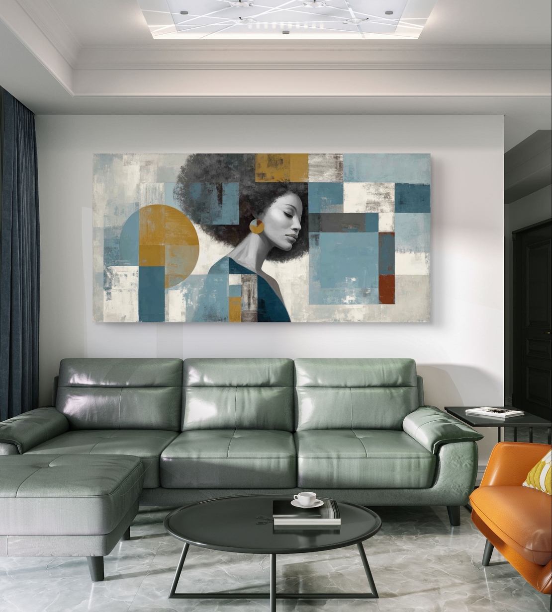 גיאומטריה נשית – תמונת קנבס דיוקן נשי אבסטרקטי בגווני כחול וזהב | CK4815