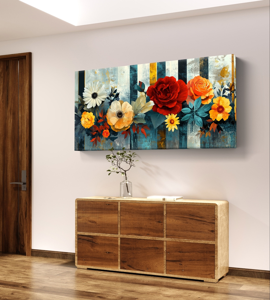 תמונת קנבס לרוחב עם פרחים צבעוניים בגווני אדום, כתום ושמנת על רקע מודרני בגווני כחול וזהב.