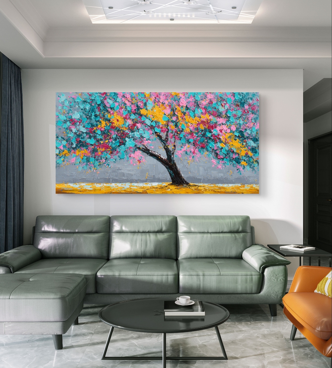 תמונת קיר פרחונית וצבעונית לסלון עם עץ רחב ומלא חיים