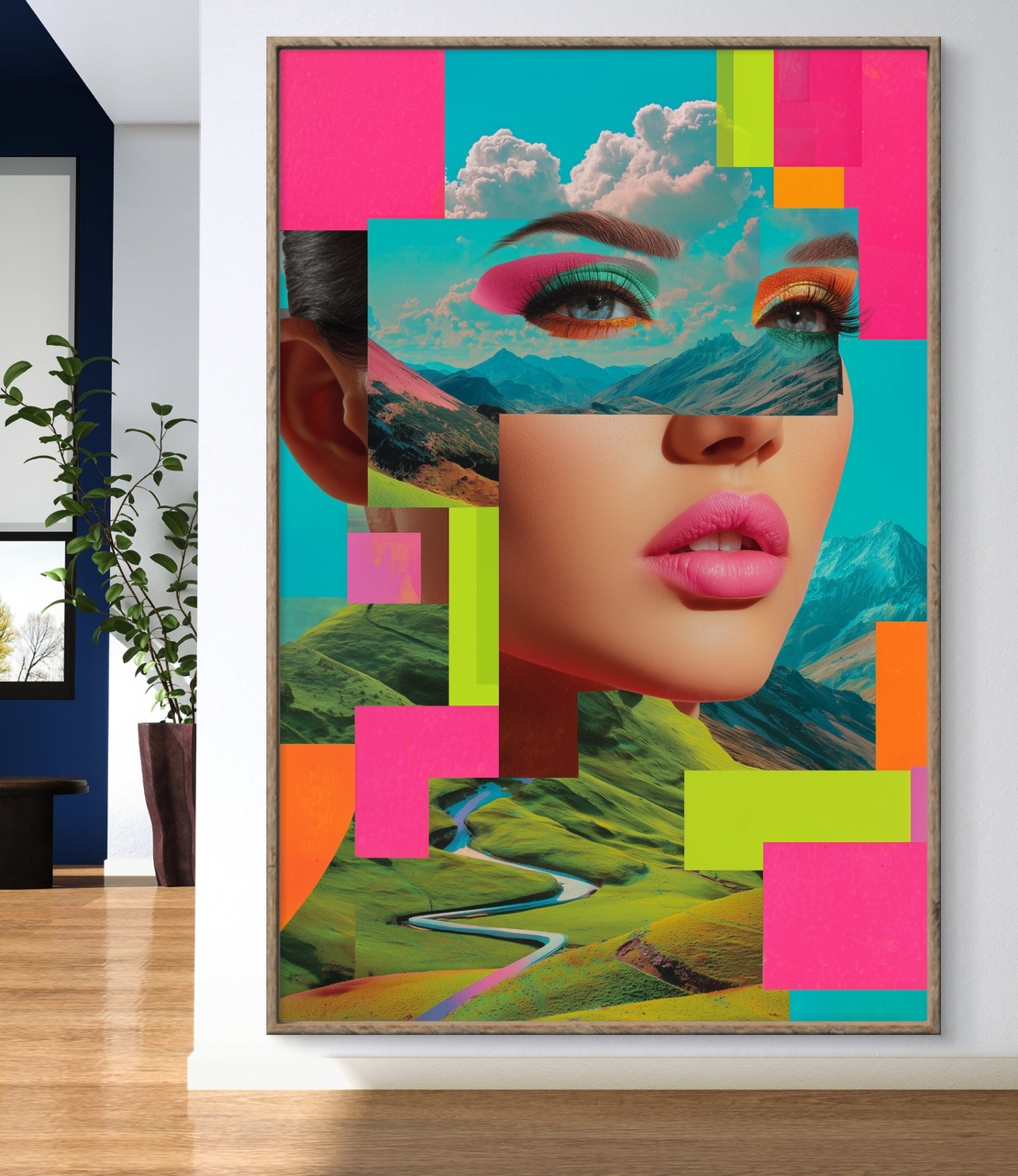 תמונת קנבס צבעונית עם דמות נשית ונופים בסגנון סוריאליסטי